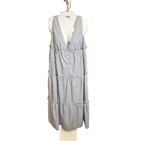 Vine & Love Blue White Striped Maxi Dress Deep V Neck Tiered Skirt Women’s Sz M - Picture 2 of 6
